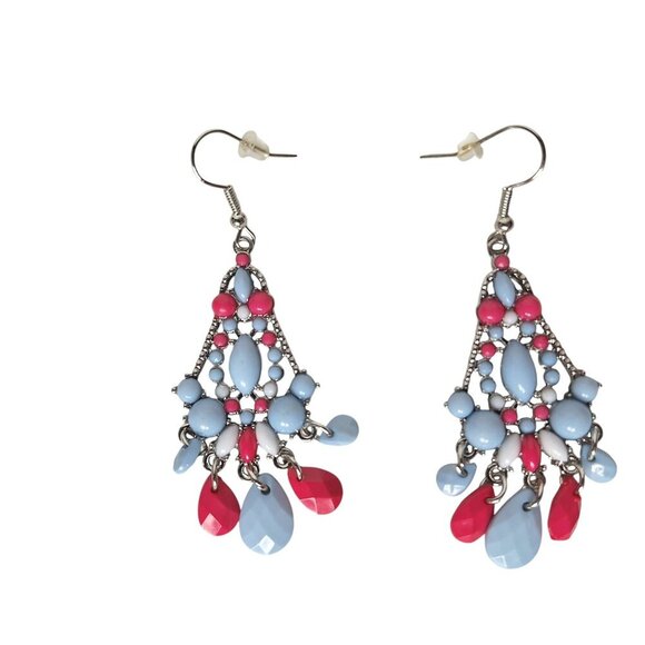Boho Chandelier Drop Earrings Pink Blue Beaded Statement Dangle Vintage Style - Picture 1 of 2